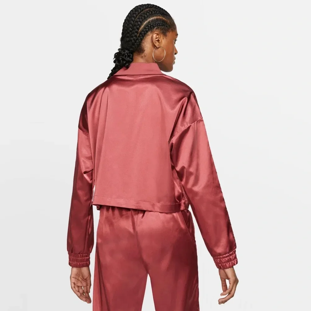 Nike Air Burgundy Satin Zip Up Cropped Loose Fit Track Bomber Jacket Size M - Picture 2 of 15